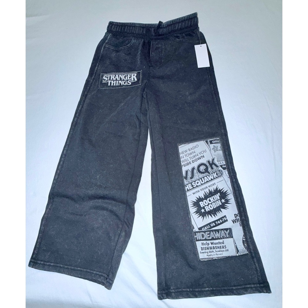 Stranger Things Washed Denim Look Pants Girls 6/6X Black NEW Wide Leg Graphic